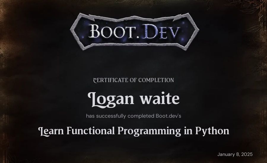Logan waite's Boot.dev Learn Functional Programming in Python certificate
