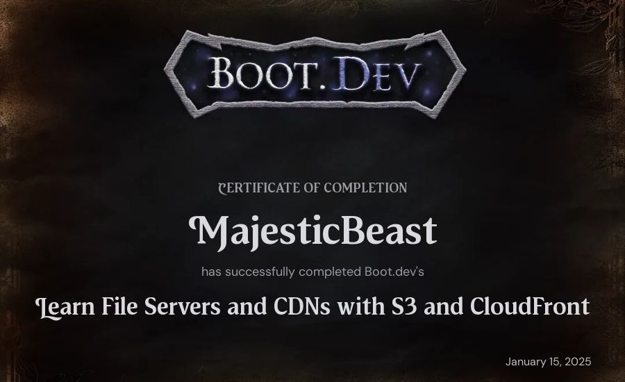 MajesticBeast's Boot.dev Learn File Servers and CDNs with S3 and CloudFront certificate