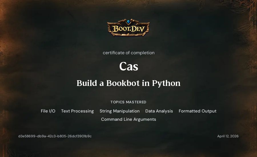 Cas's Boot.dev Build a BookBot in Python certificate