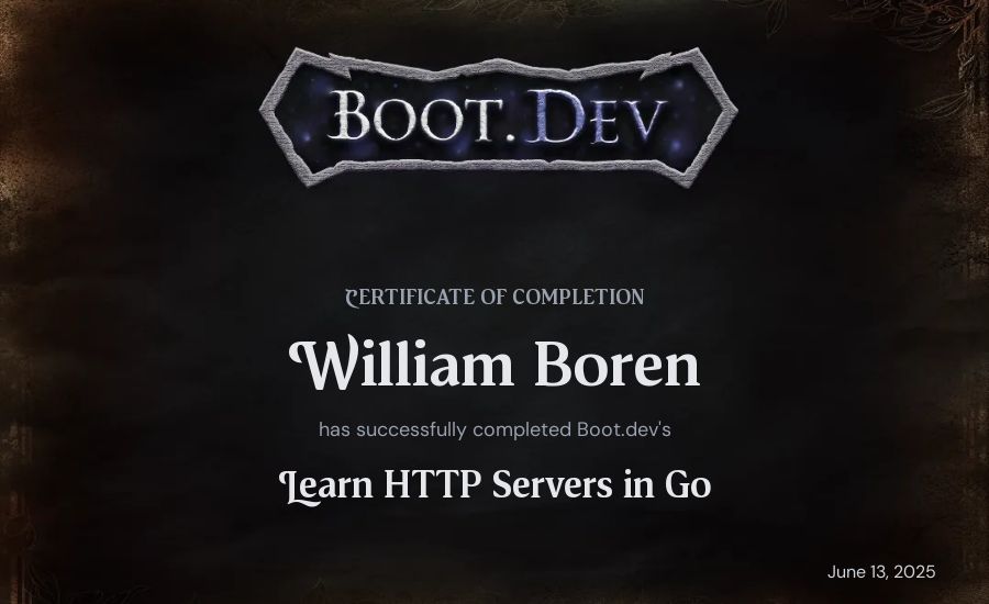 Cole Boren's Boot.dev Learn HTTP Servers in Go certificate