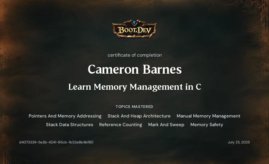 Cameron Barnes's Boot.dev Learn Memory Management in C certificate