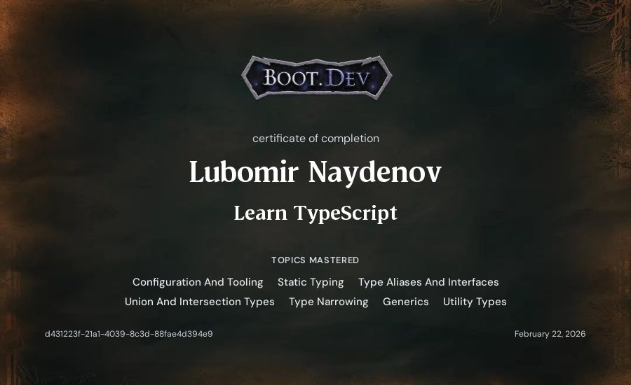 Lubomir Naydenov's Boot.dev Learn TypeScript certificate