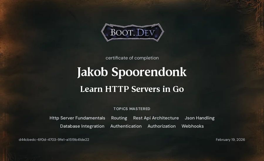 Jakob Spoorendonk's Boot.dev Learn HTTP Servers in Go certificate