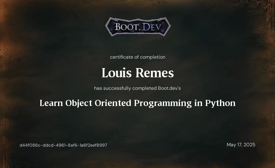 Louis Remes's Boot.dev Learn Object Oriented Programming in Python certificate