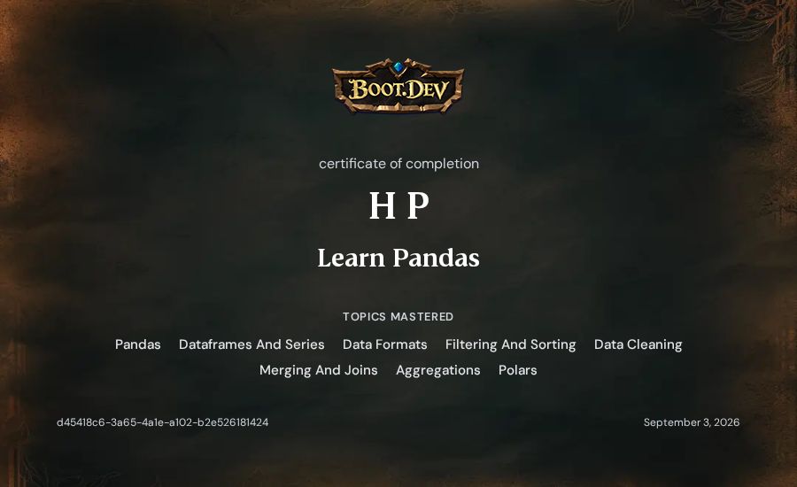 H P's Boot.dev Learn Pandas certificate
