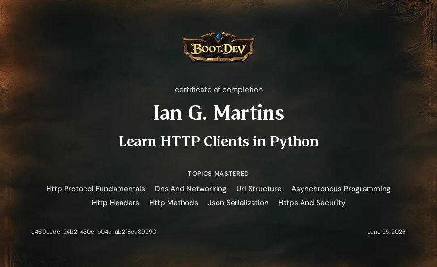 Ian G. Martins's Boot.dev Learn HTTP Clients in Python certificate