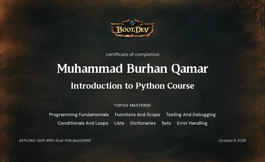 Muhammad Burhan Qamar's Boot.dev Introduction to Python Course certificate