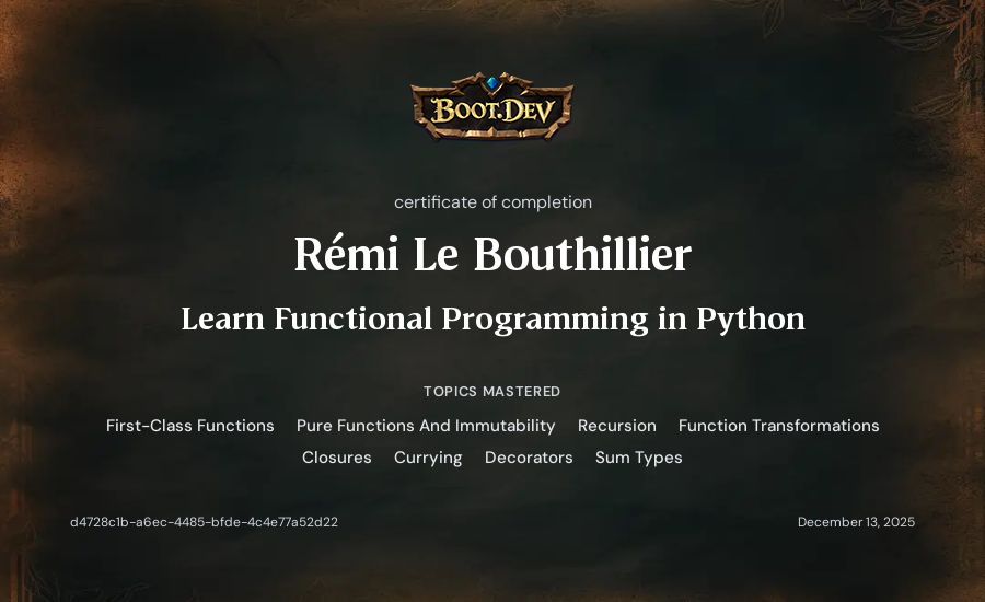 Rémi Le Bouthillier's Boot.dev Learn Functional Programming in Python certificate