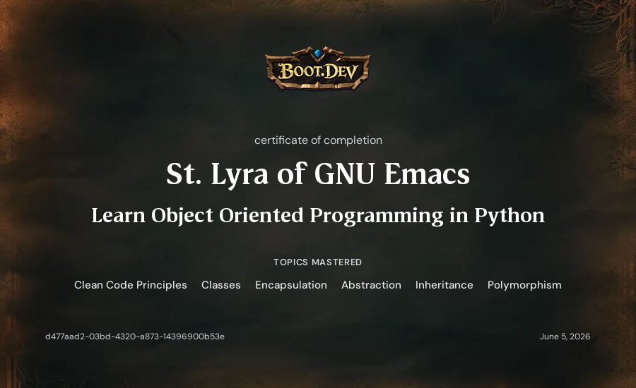 St. Lyra of GNU Emacs's Boot.dev Learn Object Oriented Programming in Python certificate