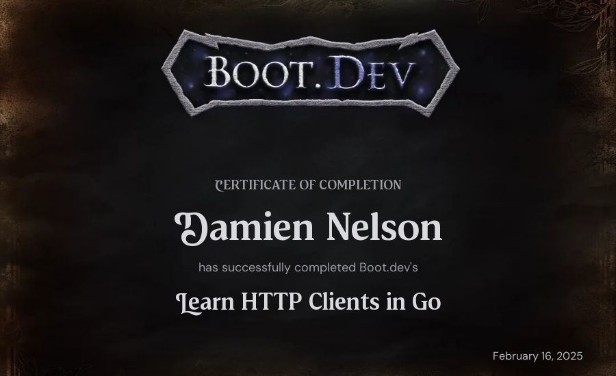 Damien Nelson's Boot.dev Learn HTTP Clients in Go certificate