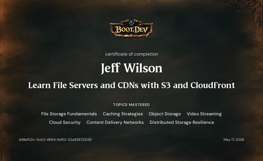 Jeff Wilson's Boot.dev Learn File Servers and CDNs with S3 and CloudFront certificate
