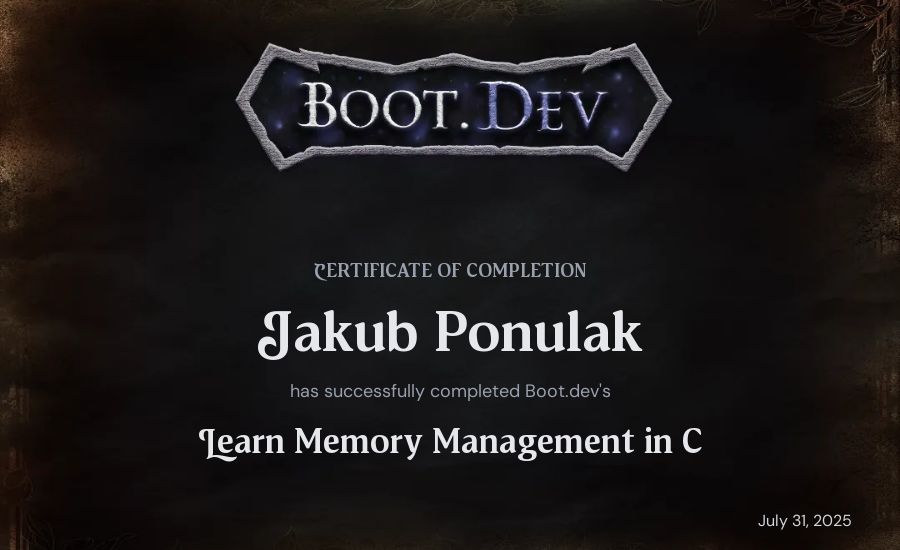 Jakub Ponulak's Boot.dev Learn Memory Management in C certificate
