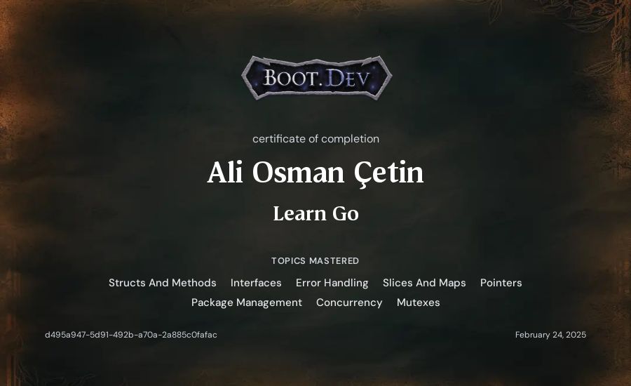 Ali Osman Çetin's Boot.dev Learn Go certificate