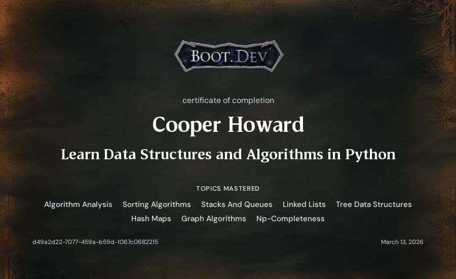 Cooper Howard's Boot.dev Learn Data Structures and Algorithms in Python certificate