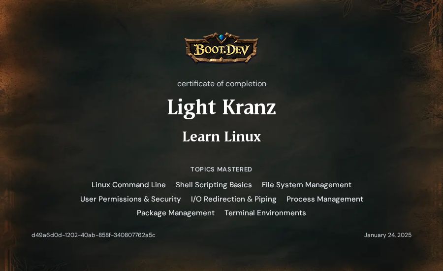 Light Kranz's Boot.dev Learn Linux certificate