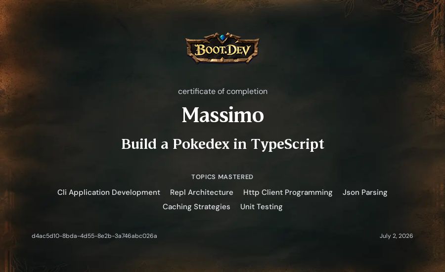 Massimo's Boot.dev Build a Pokedex in TypeScript certificate