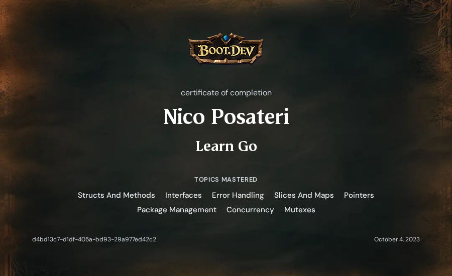 Nico Posateri's Boot.dev Learn Go certificate