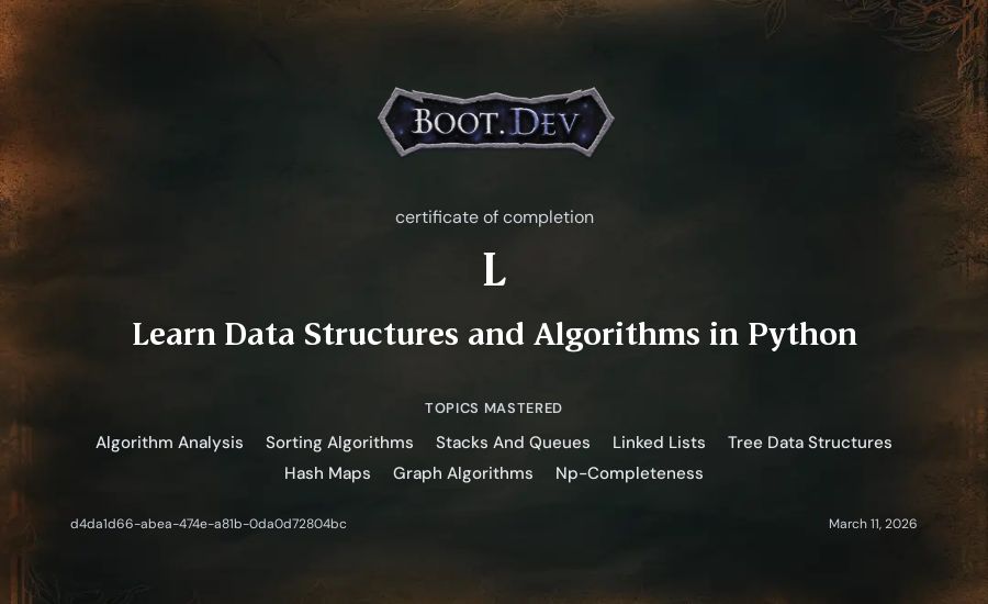 L's Boot.dev Learn Data Structures and Algorithms in Python certificate
