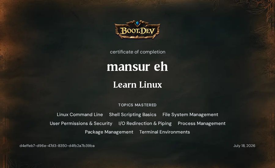 mansur eh's Boot.dev Learn Linux certificate