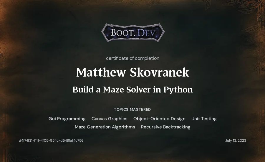 Matthew Skovranek's Boot.dev Build a Maze Solver in Python certificate
