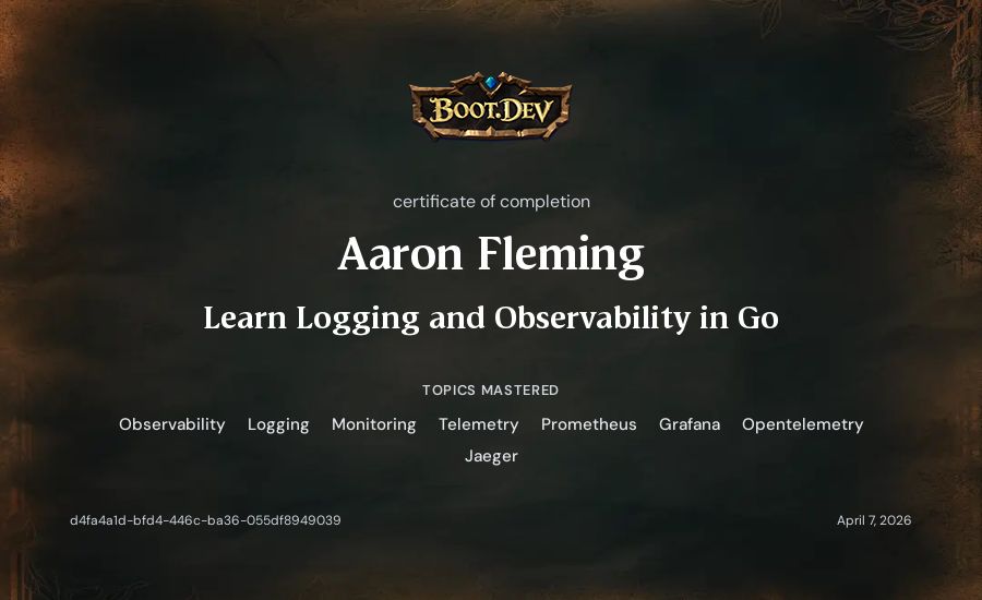 Aaron Fleming's Boot.dev Learn Logging and Observability in Go certificate