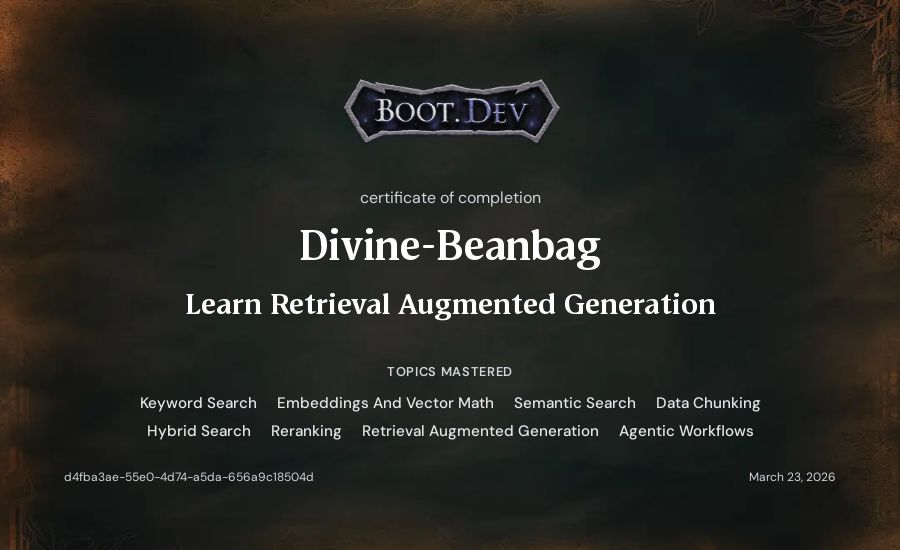 Divine-Beanbag's Boot.dev Learn Retrieval Augmented Generation certificate