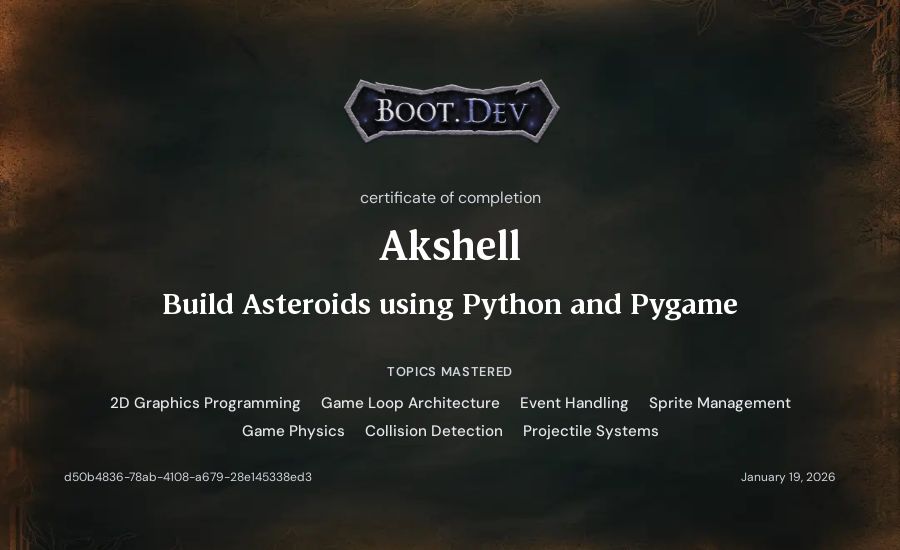 Akshell's Boot.dev Build Asteroids using Python and Pygame certificate