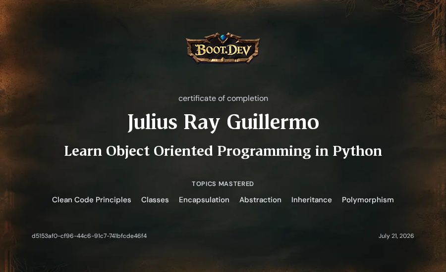 Julius Ray Guillermo's Boot.dev Learn Object Oriented Programming in Python certificate