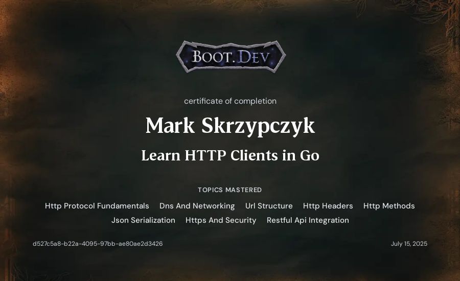 Mark Skrzypczyk's Boot.dev Learn HTTP Clients in Go certificate