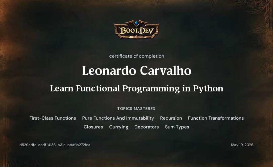 Leonardo Carvalho's Boot.dev Learn Functional Programming in Python certificate
