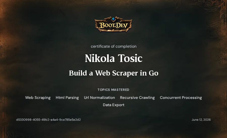 Nikola Tosic's Boot.dev Build a Web Scraper in Go certificate