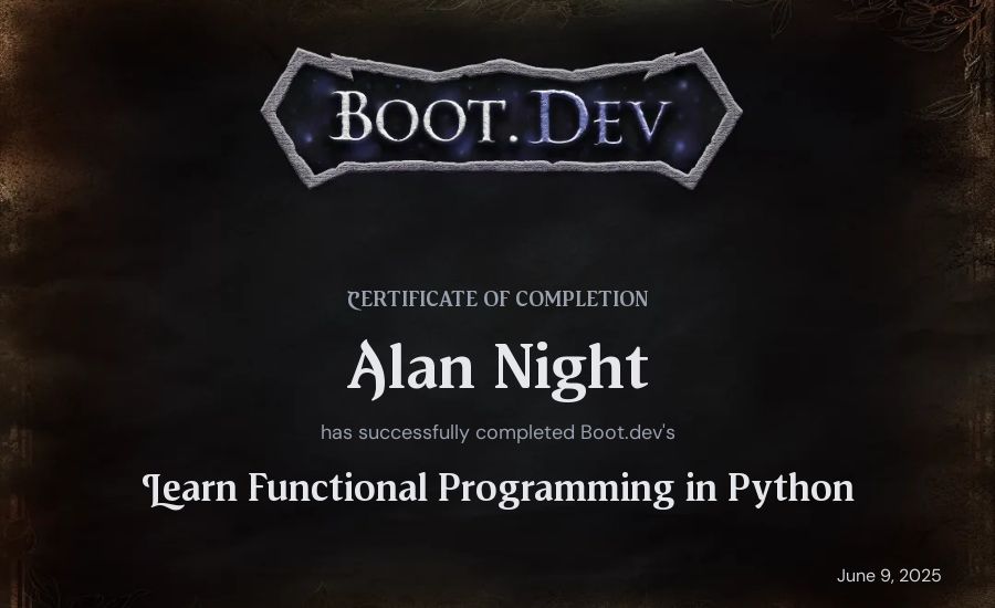 Alan Night's Boot.dev Learn Functional Programming in Python certificate