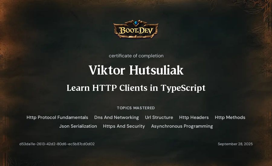 Viktor Hutsuliak's Boot.dev Learn HTTP Clients in TypeScript certificate