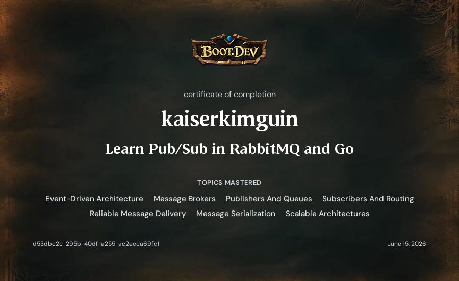 kaiserkimguin's Boot.dev Learn Pub/Sub in RabbitMQ and Go certificate