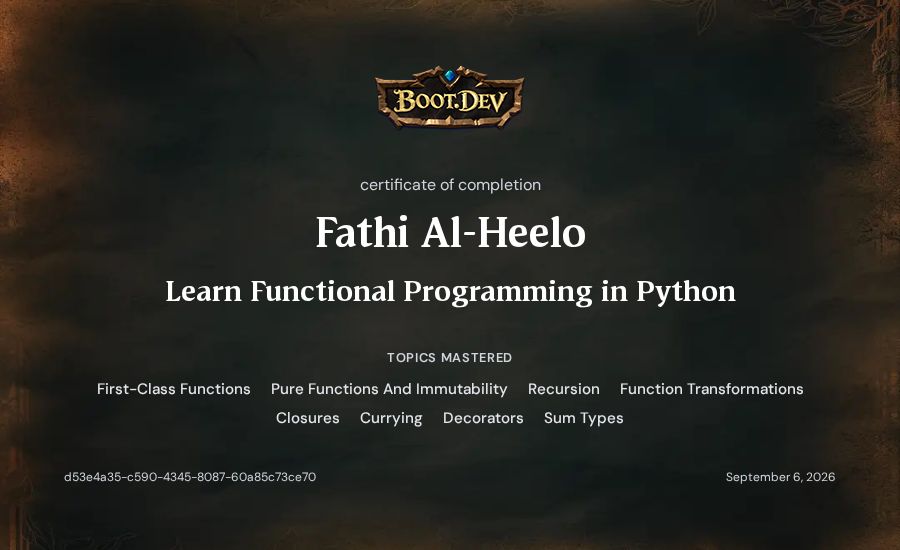 Fathi Al-Heelo's Boot.dev Learn Functional Programming in Python certificate