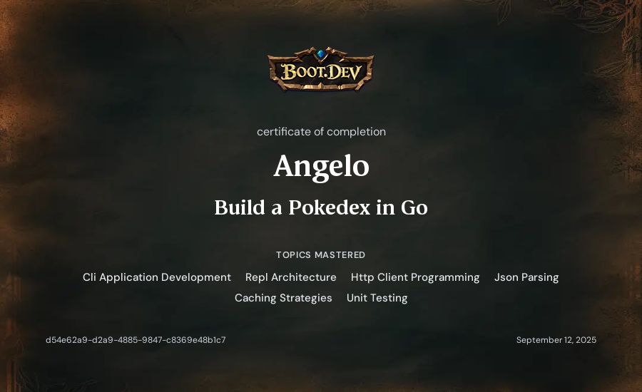 Angelo's Boot.dev Build a Pokedex in Go certificate