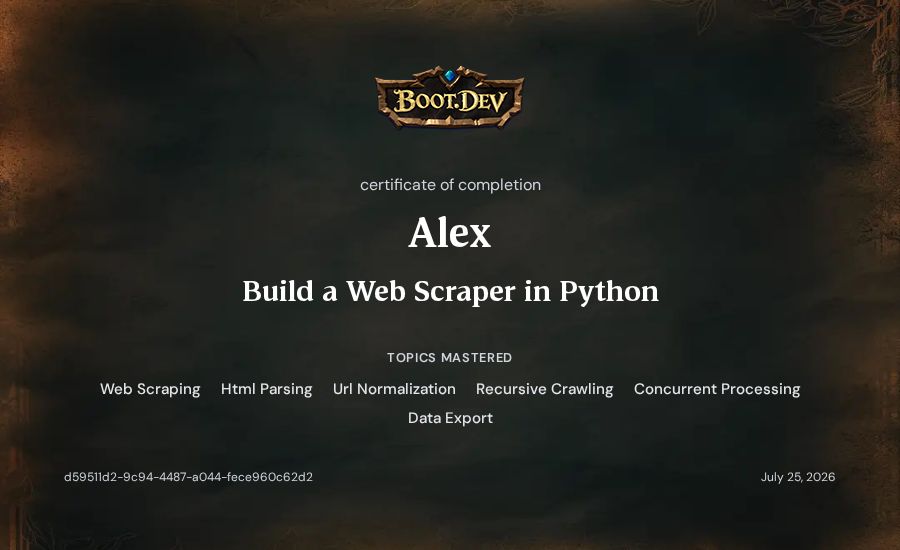 Alex's Boot.dev Build a Web Scraper in Python certificate