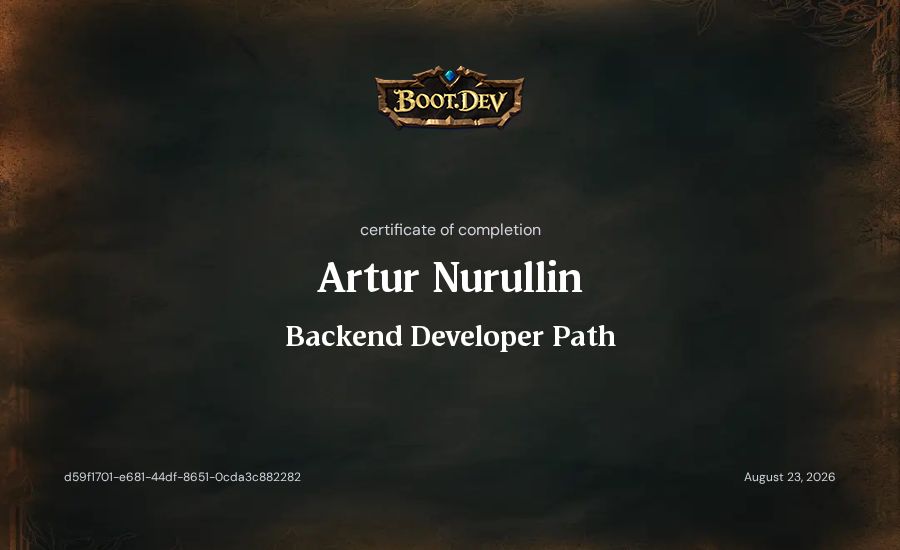 Artur Nurullin's Boot.dev Backend Developer Path certificate
