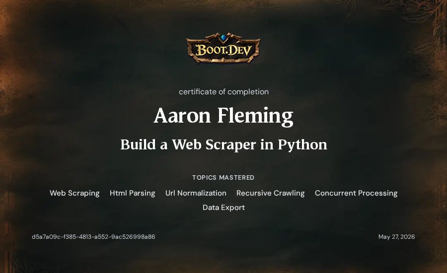 Aaron Fleming's Boot.dev Build a Web Scraper in Python certificate