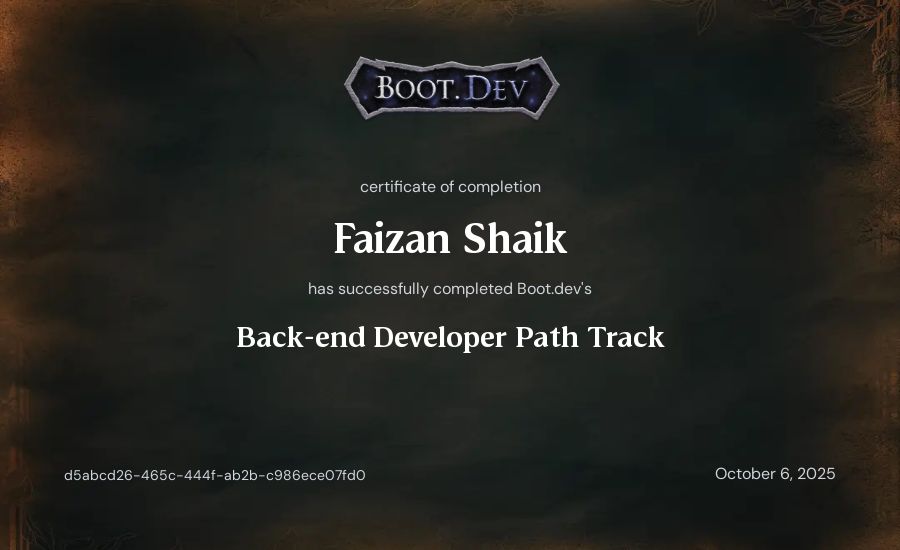 Faizan Shaik's Boot.dev Backend Developer Path certificate