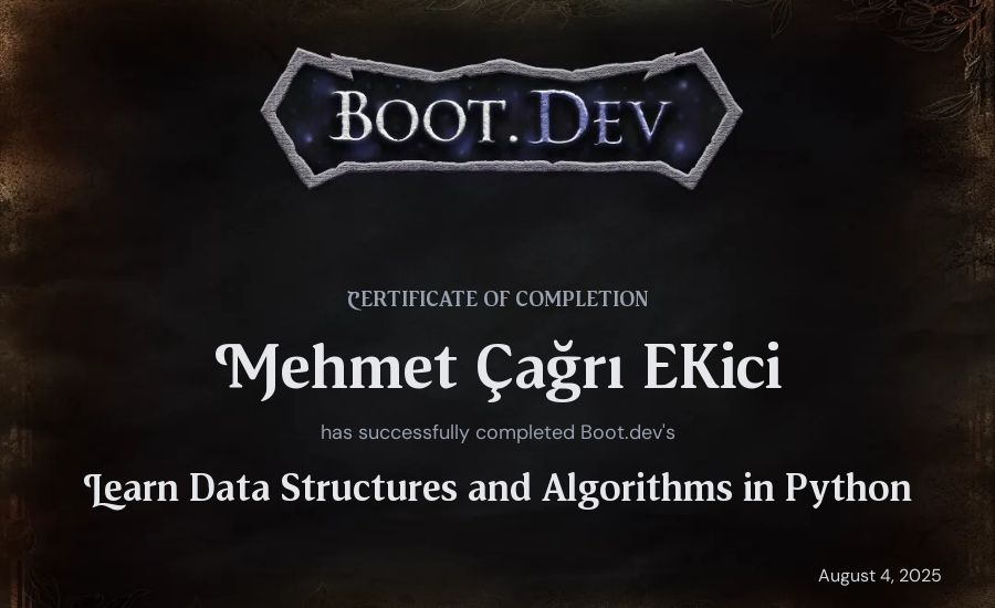 Mehmet Çağrı Ekici's Boot.dev Learn Data Structures and Algorithms in Python certificate