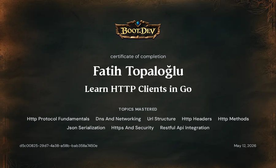 Fatih Topaloğlu's Boot.dev Learn HTTP Clients in Go certificate