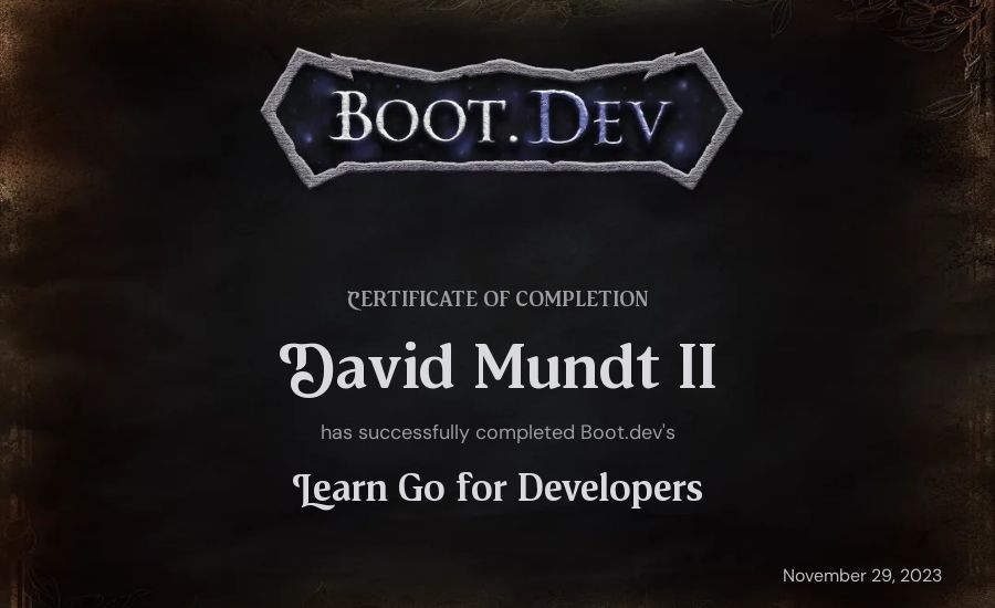 David's Boot.dev Learn Go certificate