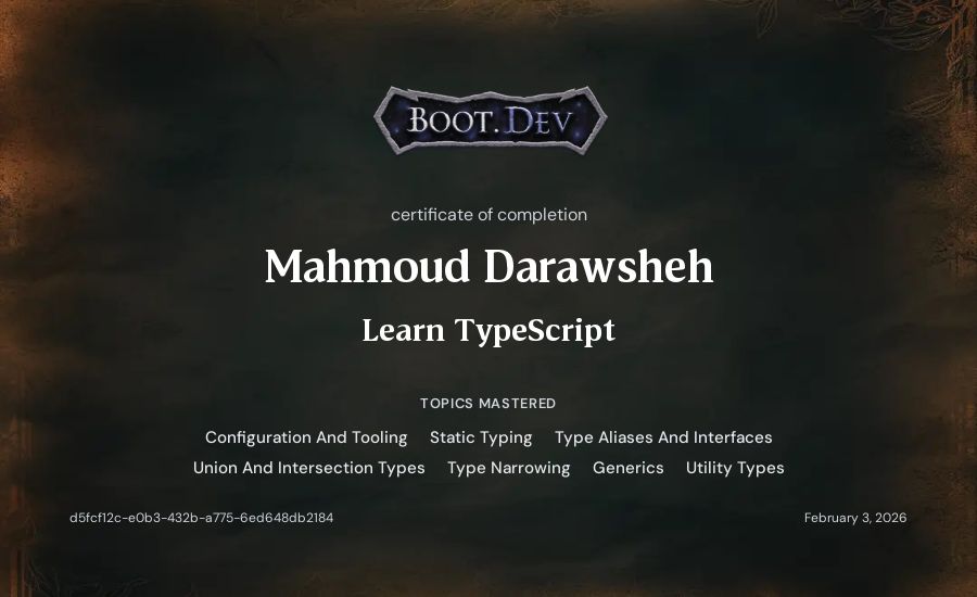 Mahmoud Darawsheh's Boot.dev Learn TypeScript certificate