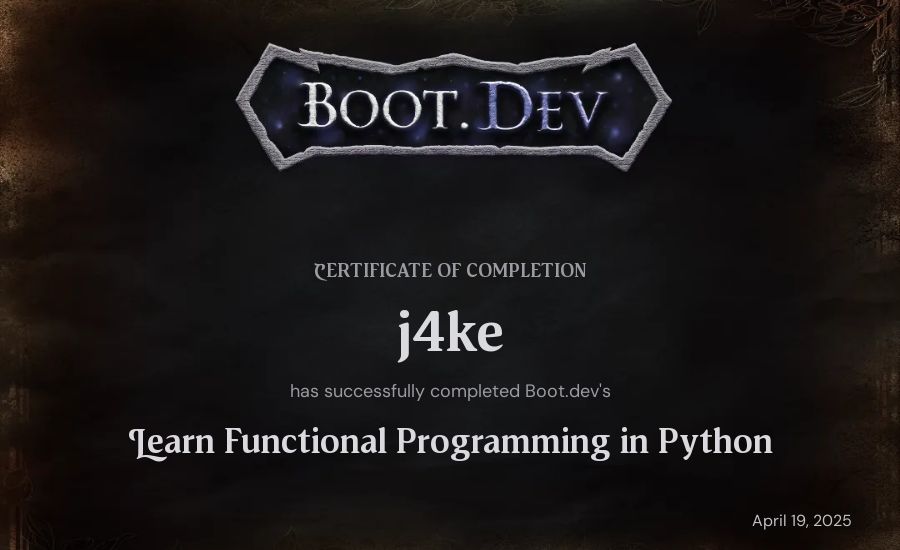 j4ke's Boot.dev Learn Functional Programming in Python certificate