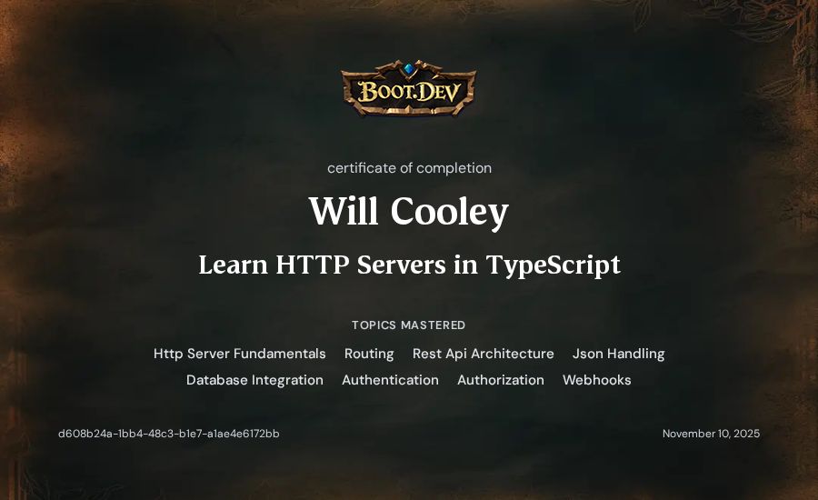 Will Cooley's Boot.dev Learn HTTP Servers in TypeScript certificate
