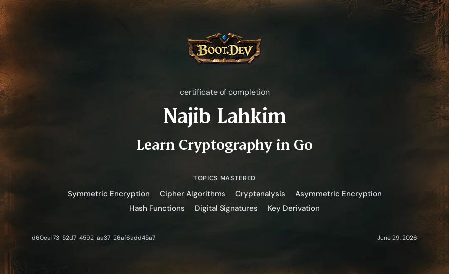 Najib Lahkim's Boot.dev Learn Cryptography in Go certificate