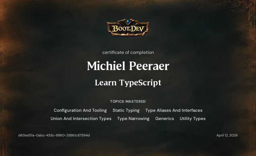 Michiel Peeraer's Boot.dev Learn TypeScript certificate