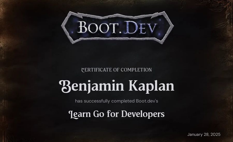 Benjamin Kaplan's Boot.dev Learn Go certificate