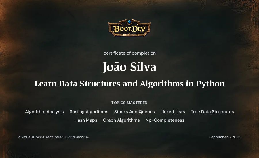 João Silva's Boot.dev Learn Data Structures and Algorithms in Python certificate